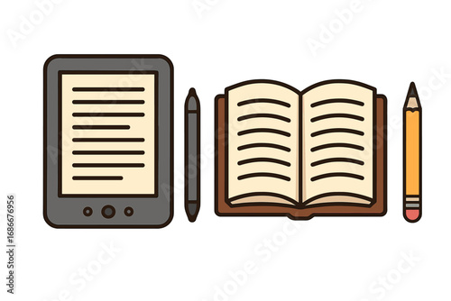 Digital vs traditional reading and writing concept. E-reader, stylus, paper book, and pencil comparison. Modern technology versus classic education methods. Vector illustration set.