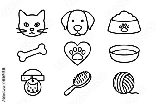 Pet care icon set for cats and dogs. Minimalist line art collection. Vector graphic illustration of animal faces, food, toys, and grooming accessories for vet or pet shop.