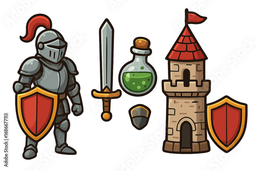 Set of medieval fantasy elements. Cartoon knight in armor with sword and shield. Castle tower, magic potion. Vector icons for games or history. Middle ages clipart collection.