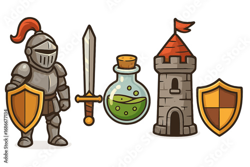 Vector set of medieval fantasy elements. Cartoon knight in armor with shield, sword, castle tower, and magic potion. RPG game assets, fairytale icons, historical clip art.