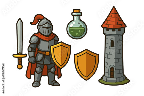 Medieval fantasy game assets set. Vector cartoon illustration of a knight in armor, sword, shield, castle tower, and magic potion. Fairytale character and items icons.