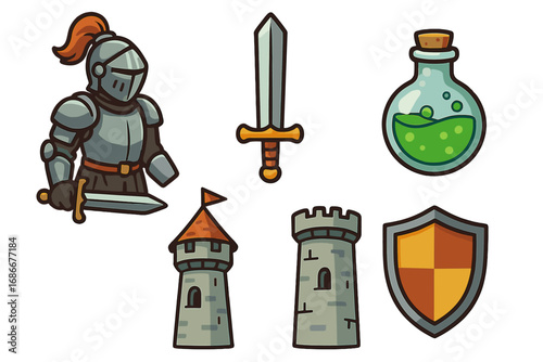 Medieval fantasy icon set. Cartoon vector knight in armor, sword, magic potion, castle tower, and shield. Game assets for RPG. Fairy tale elements collection illustration.