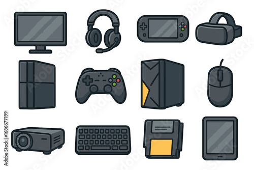 Vector icon set of modern gaming & technology gadgets. Computer, console, controller, VR headset, keyboard, mouse & other electronic accessories for video games. Cartoon style.