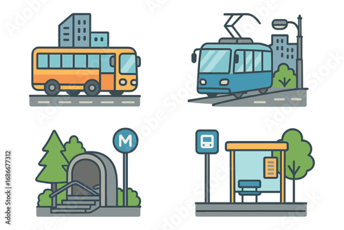Public transport icon set. Urban transportation elements. City bus, tram, subway station entrance, metro sign and bus stop. Vector cartoon illustration flat design graphic.