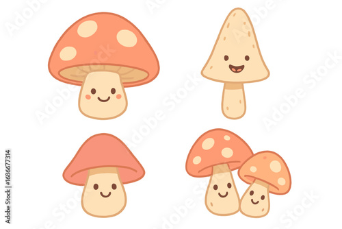 Cute cartoon mushroom character set. Kawaii smiling fungus with happy faces in soft pastel colors. Vector illustration for cozy, autumn, and nature designs. Isolated element.