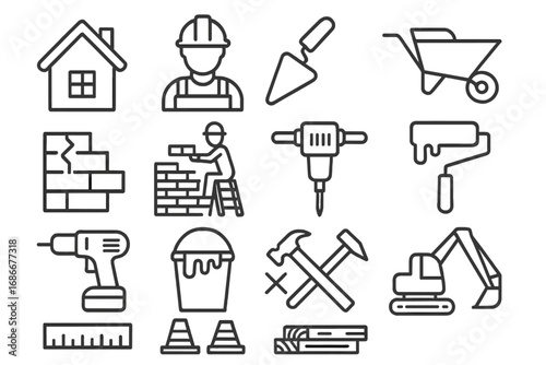 Construction line icons set. Building and home renovation tools. Vector outline illustration collection. Worker, hammer, drill, excavator, paint roller, bricklayer signs.