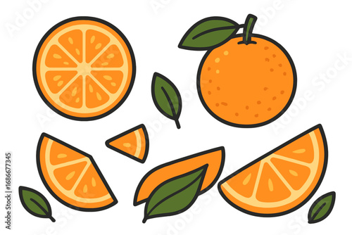 Vector collection of cartoon orange fruit. Fresh citrus slices, wedges, and leaves isolated on a transparent background. Flat design icon set for healthy eating, juice, and diet.