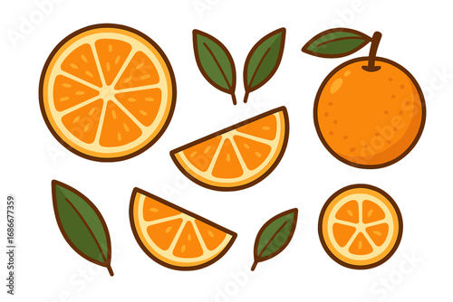 Vector cartoon illustration set of fresh juicy oranges. Collection of citrus fruit icons: whole orange, slices, wedges and leaves. Healthy organic food concept in flat design.