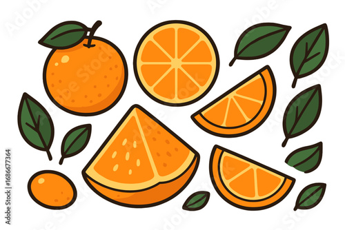 Orange fruit vector icon set. Fresh citrus collection with slices, wedges, and leaves in flat cartoon style. Healthy food illustration. Juicy vitamin C concept isolated.