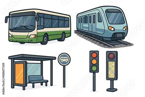 Public transport vector icon set. City bus, subway train, bus stop shelter, traffic light illustrations. Urban mobility, commute elements. Cartoon graphic collection isolated.