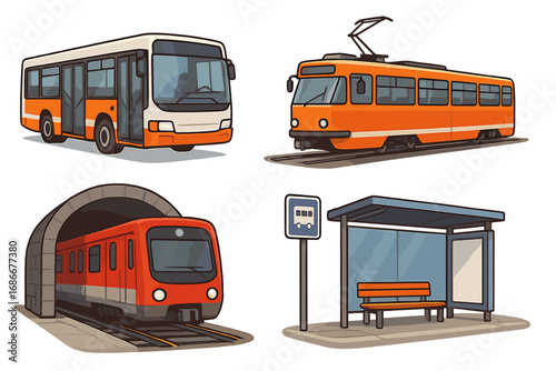 Public transport vector icon set. Urban transportation elements collection. City bus, tram, subway train, bus stop illustrations. Cartoon flat design graphic for web or map.