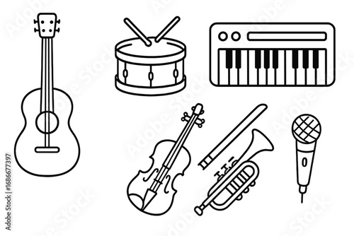 Musical instruments line art icon set. Guitar, drum, keyboard, violin, trumpet, microphone. Vector illustration for music band, concert, sound, lesson, hobby, and orchestra concepts.