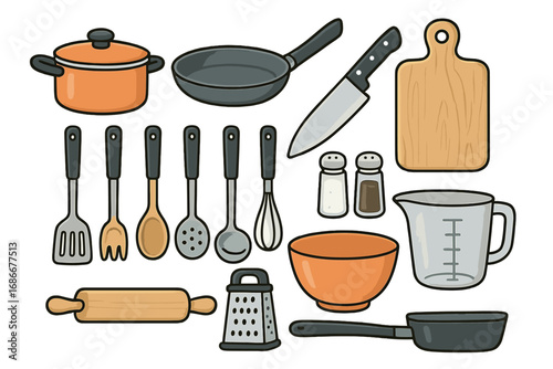 Kitchen utensils and cooking tools vector icon set. Cartoon illustration of cookware for meal preparation. Culinary equipment collection with pot, pan, knife, bowl and whisk.