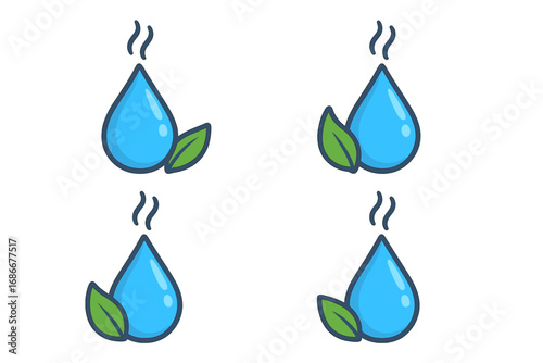Water drop essential oil logo design, aromatherapy symbol, vector cartoon illustration with green leaf, fresh natural wellness icon, transparent background, set of four variations