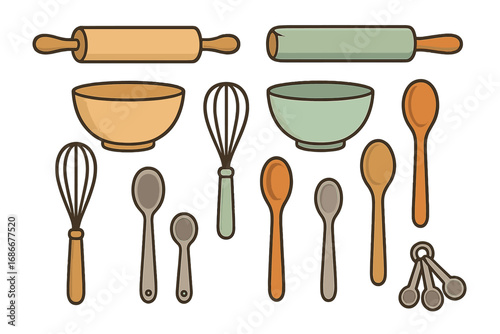 Kitchen tools and utensils collection with rolling pins, bowls, whisks, wooden and measuring spoons on simple background, vector cartoon illustration for cooking and baking