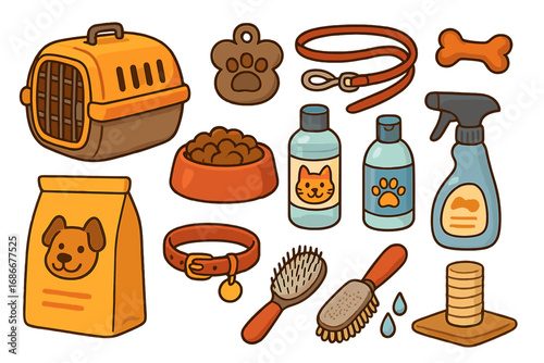 Pet supplies vector set. Cartoon dog and cat accessories collection. Animal care icons for pet shop. Includes food, grooming tools, carrier, collar, leash, and toys. Isolated.