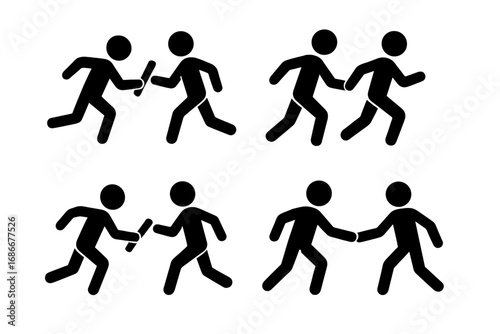 Relay race icon set symbolizing teamwork and collaboration. Stick figures passing the baton. Business metaphor for handover, partnership, succession, and support. Vector icons.