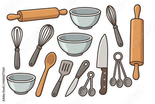 Comprehensive kitchen tools and utensils collection - rolling pins, mixing bowls, whisks, measuring spoons, knives, spatulas, and wooden spoons - vector cartoon illustration