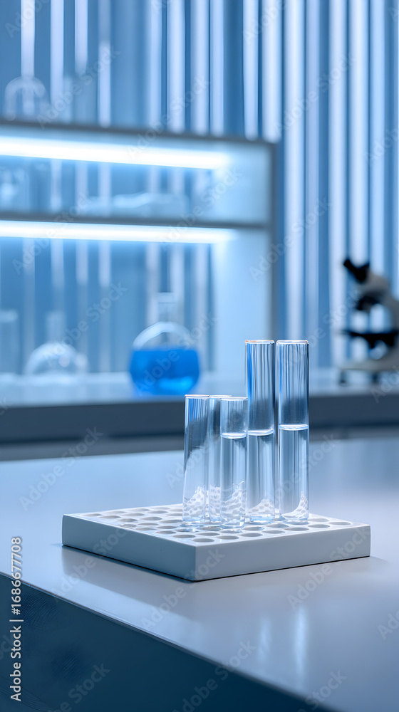 Naklejka premium Laboratory test tubes arranged on a white rack, illuminated by soft blue lighting, showcasing a clean and modern scientific workspace with glassware in the background