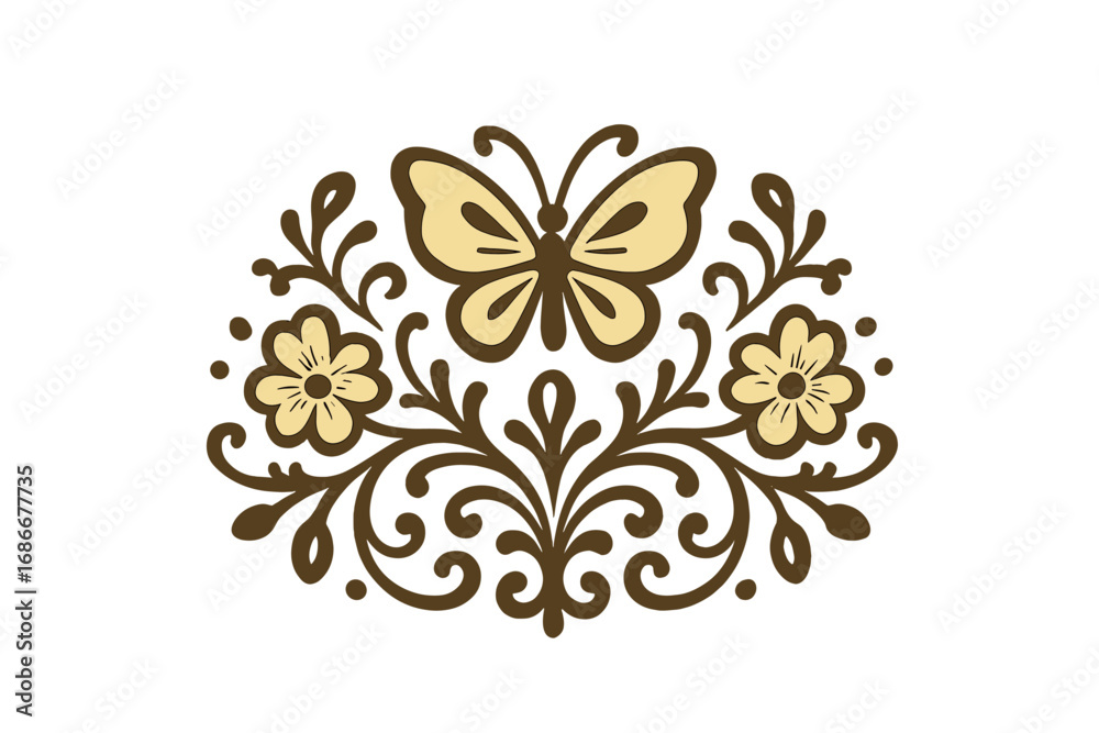 Elegant butterfly and flower damask ornament. Symmetrical folk art vector illustration. Vintage floral motif with swirls and scrolls. Baroque decorative element for design.