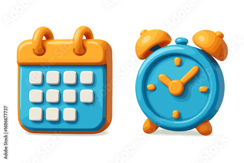 3D calendar and alarm clock icon set. Vector cartoon illustration metaphor for time management. Schedule, appointment reminder, and deadline concept. Planning and organization.