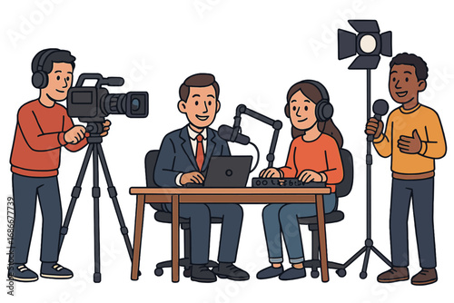 Media professionals in broadcasting studio producing content with camera, microphone, lighting, radio engineer, journalist, and presenter. Vector cartoon illustration transparent background