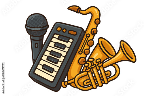 Colorful vector cartoon illustration of musical instruments including microphone, keyboard, saxophone, and trumpet in a creative arrangement, perfect for music and entertainment design
