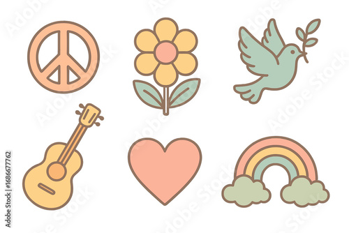 Retro 70s groovy icon set. Hippie collection with peace symbol, flower power, dove, guitar, heart and rainbow. Cartoon vector illustration in pastel colors. Love and harmony.