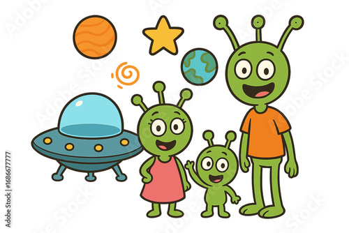 Playful cartoon alien family characters with UFO and planets. Vector illustration set for kids. Space theme design elements. Cute extraterrestrial monster collection isolated.