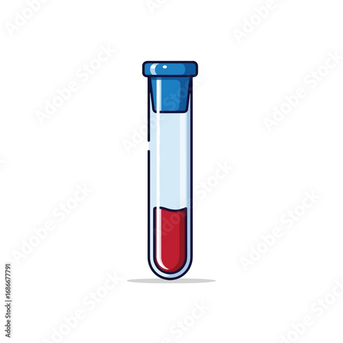A cartoon vector illustration of a medical test tube containing a red blood sample for laboratory analysis.