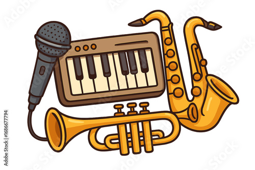 Creative vector cartoon illustration of musical instruments including microphone, keyboard, saxophone, trumpet, jazz band setup, entertainment and music concept