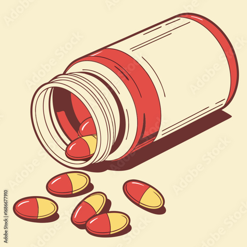 Vector illustration of a tipped-over medicine bottle with spilling capsules