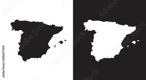 A simple map silhouette of Spain, a black and white icon representing the geography and travel destinations of the country.