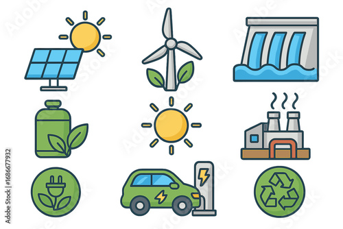 Renewable energy icons set for a greener future. Sustainable technology concept. Vector illustration collection of solar panel, wind turbine, hydro power, and electric car.