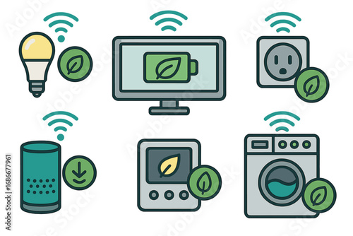 Smart home devices and appliances showcasing energy efficiency and wireless connectivity for sustainable modern living, eco-friendly technology concepts, vector cartoon illustration