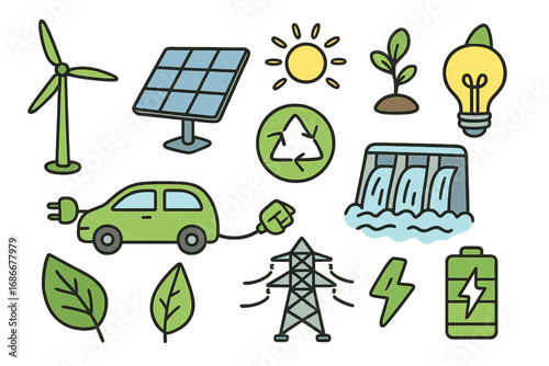 Renewable energy icon set. Green power symbols. Sustainable technology and eco friendly practice. Vector collection of wind turbine, solar panel, electric car and recycling signs.