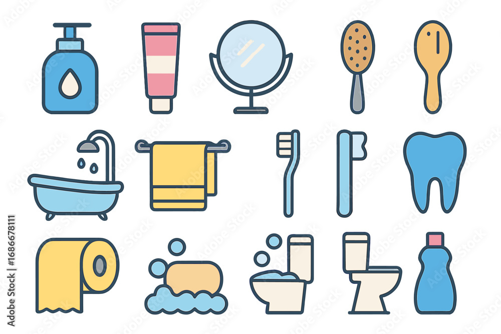 Fototapeta premium Bathroom essentials and hygiene icons set. Simple flat vector cartoon illustration of personal care items. Toiletries, dental care, cleaning products and morning routine.