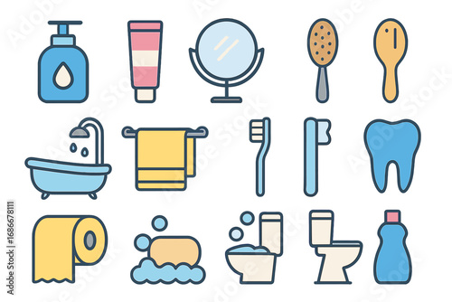 Bathroom essentials and hygiene icons set. Simple flat vector cartoon illustration of personal care items. Toiletries, dental care, cleaning products and morning routine.