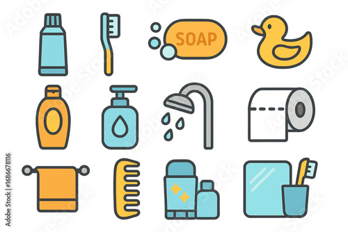 Bathroom essentials hygiene icon set. Vector flat design. Personal care toiletries concept. Clean wash grooming. Soap, shower, toothbrush, shampoo, toothpaste, toilet paper.