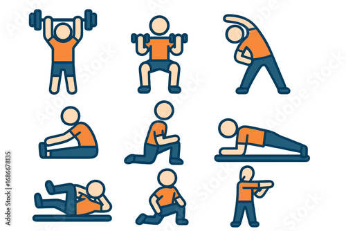 Exercise and stretching icon set. Man doing fitness workout. Vector pictograms for gym training, weightlifting, squat, lunge, plank. Healthy lifestyle sport symbols.
