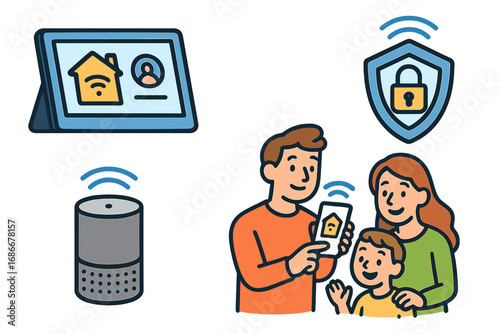 Smart home devices illustration enhancing daily life with wireless connectivity, security features, family interaction, smart assistant, and home automation technology