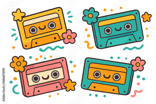 Set of cute retro cassette tape characters. Groovy 70s 80s nostalgic music audio tapes. Vintage kawaii vector cartoon illustration with flowers. Cheerful happy mascot design.