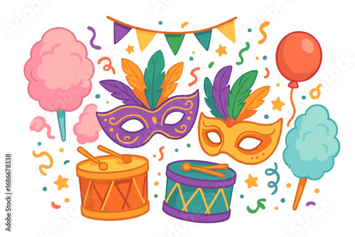 Set of colorful carnival elements for party celebration. Vector collection with festival mask, drum, cotton candy, balloon. Festive illustration for design, isolated icons.