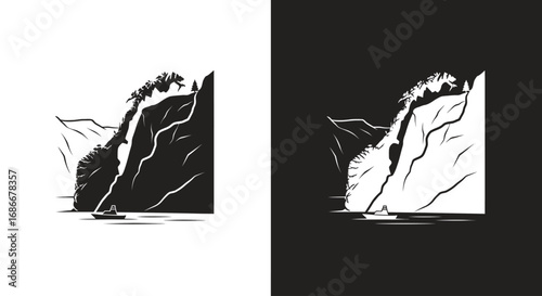 An outline style of a steep cliff, a modern and clean icon for travel, adventure, and natural landscape branding.