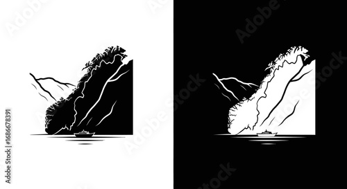 A steep cliff by the sea, a black and white icon representing a dramatic coastline, nature, and landscape.