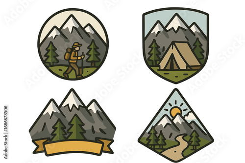 Mountain travel logo set. Hiking adventure and camping vector emblems. Outdoor journey patch collection with hiker, tent, trees, and sun. Exploration and expedition icon pack.