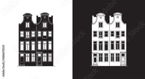 An outline style of Amsterdam canal houses, a modern and clean icon for travel to the Netherlands and architectural branding.