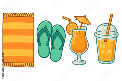 Summer beach essentials with colorful towels, green flip flops, refreshing tropical orange cocktails and juices, perfect seaside vacation vector cartoon illustration