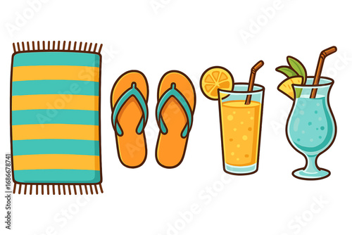 Summer Beach Essentials Vector Illustration with Striped Towel, Colorful Flip Flops, and Refreshing Tropical Drinks for Vacation, Relaxation, and Seaside Fun Graphic Design