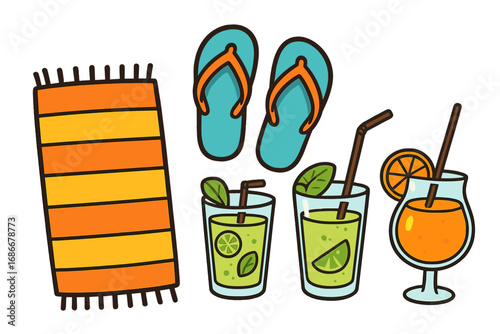 Summer beach essentials including colorful beach towel, turquoise flip flops, and refreshing tropical drinks with citrus and mint, perfect for ocean relaxation, vector cartoon illustration